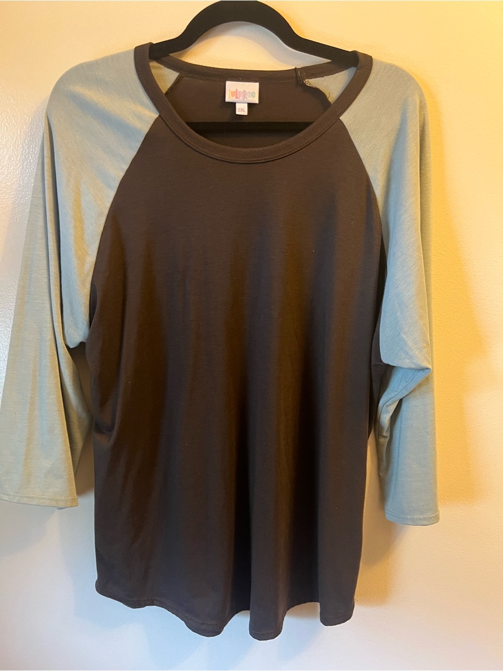 LuLaRoe Black Body with Light Blue Raglan Sleeves Long Sleeve Tee